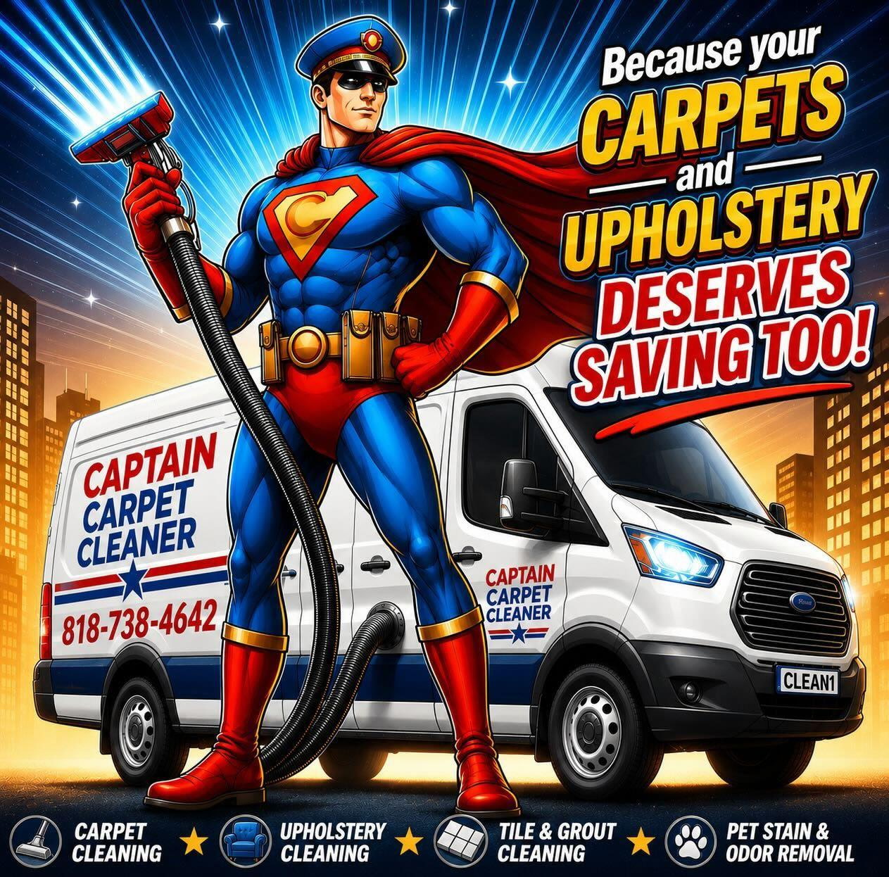 Captain Carpet Cleaner superhero mascot with cleaning wand and service van